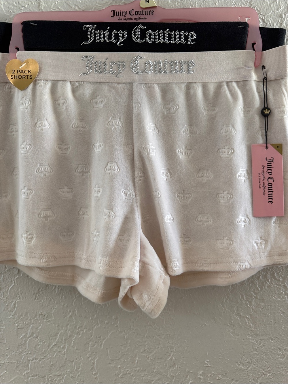 Juicy Couture Medium 2 Pack Sleep Shorts in Cream and Black with Rhinestone Logo